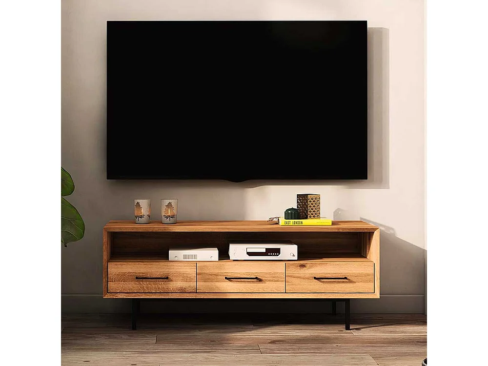 Phonomöbel Wildeiche aus Massivholz drei Schubladen und offenem Fach