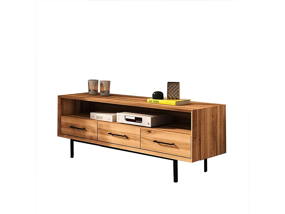 Phonomöbel Wildeiche aus Massivholz drei Schubladen und offenem Fach