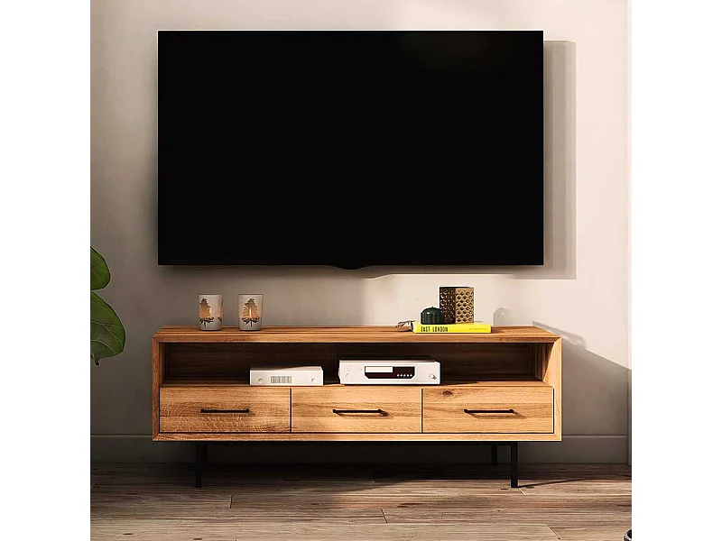 Phonomöbel Wildeiche aus Massivholz drei Schubladen und offenem Fach