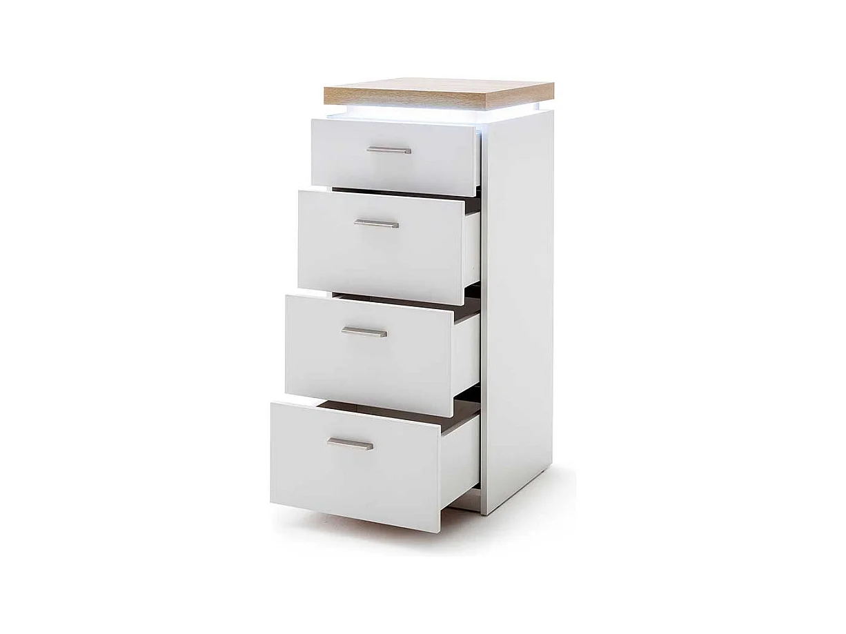 Säulenkommode in Weiß und Wildeiche Optik LED Beleuchtung