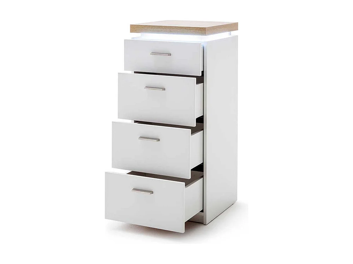 Säulenkommode in Weiß und Wildeiche Optik LED Beleuchtung