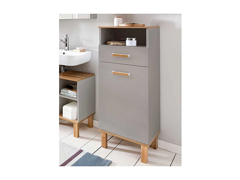 Bad Highboard in Platingrau und Eichefarben 1 Tür 1 Schublade