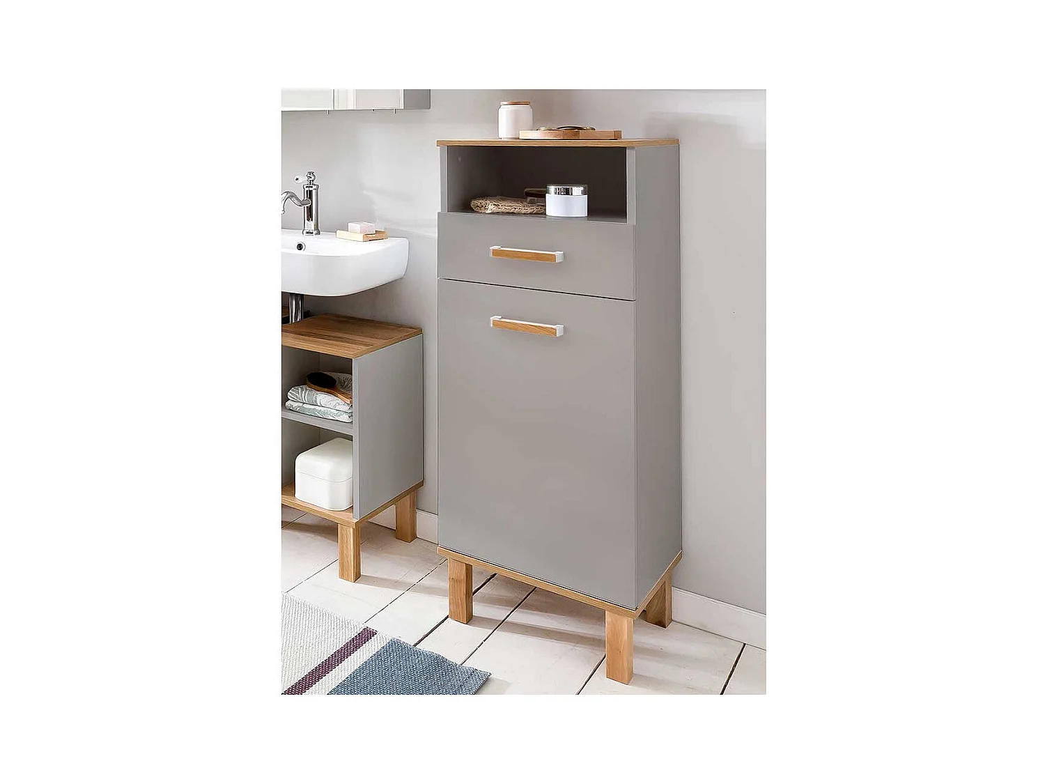 Bad Highboard in Platingrau und Eichefarben 1 Tür 1 Schublade