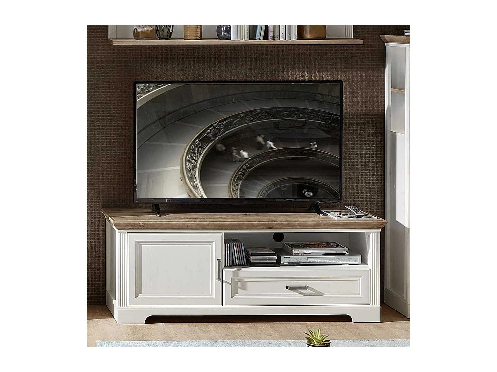 Landhaus Lowboard in Weiß und Eichefarben Schublade