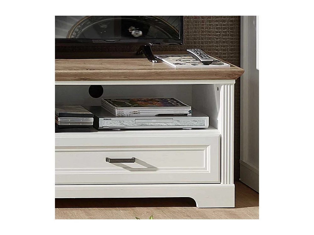 Landhaus Lowboard in Weiß und Eichefarben Schublade