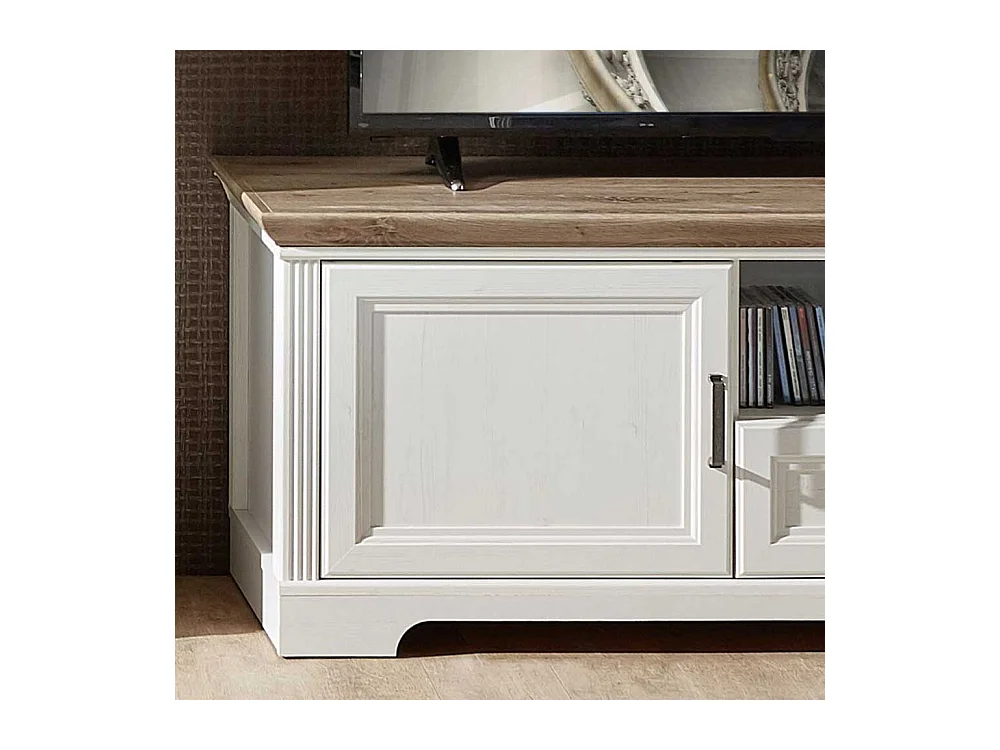 Landhaus Lowboard in Weiß und Eichefarben Schublade