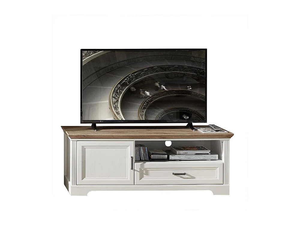 Landhaus Lowboard in Weiß und Eichefarben Schublade