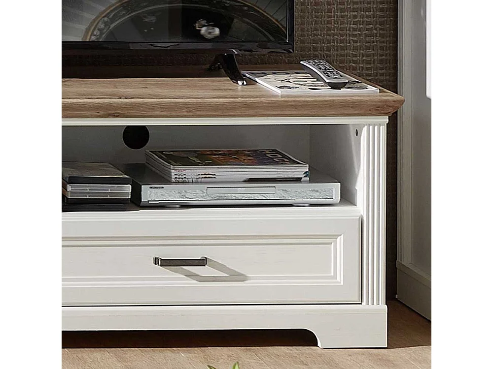 Landhaus Lowboard in Weiß und Eichefarben Schublade