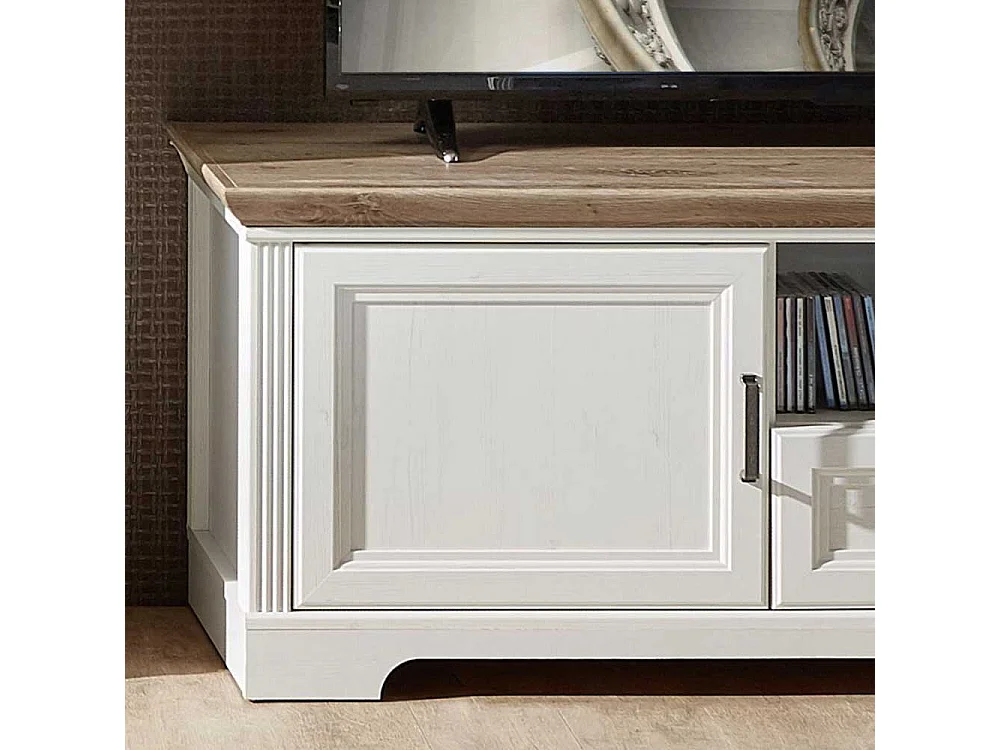 Landhaus Lowboard in Weiß und Eichefarben Schublade