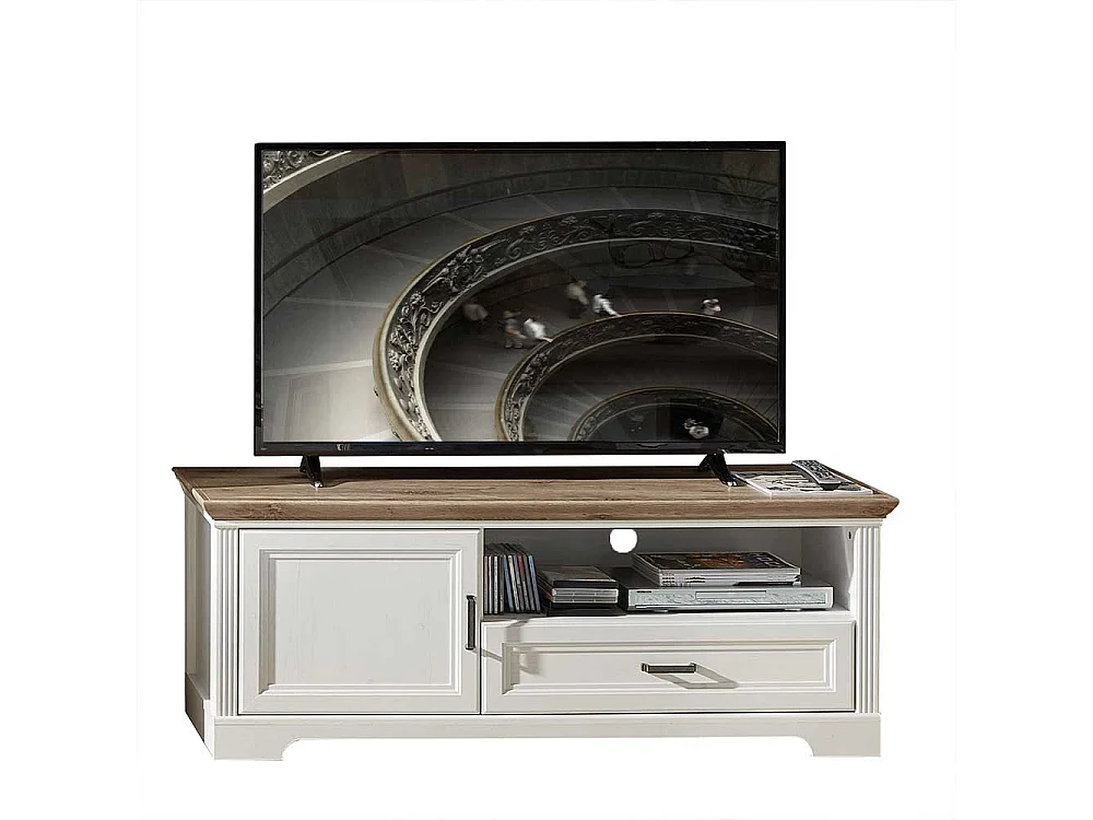 Landhaus Lowboard in Weiß und Eichefarben Schublade