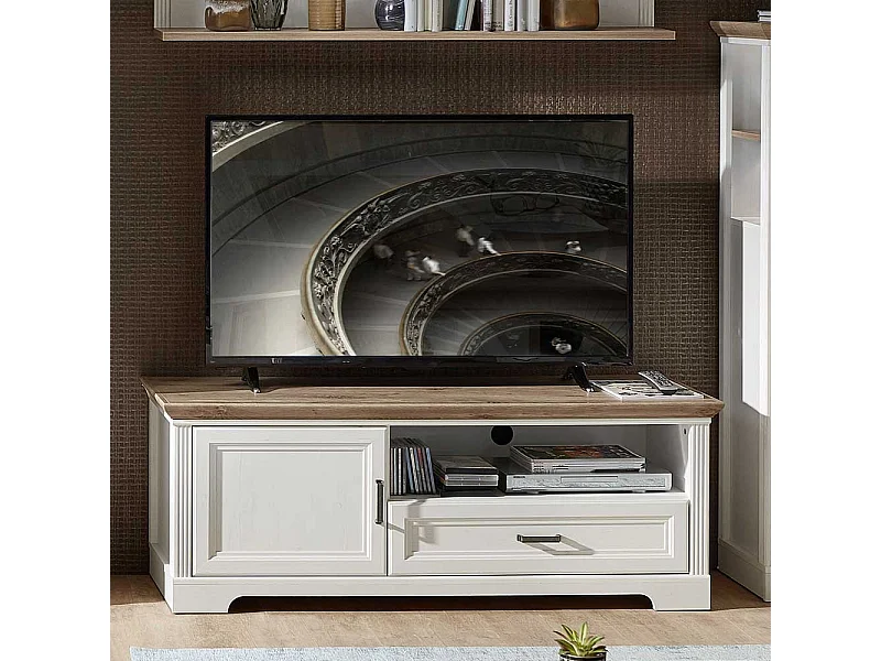 Landhaus Lowboard in Weiß und Eichefarben Schublade