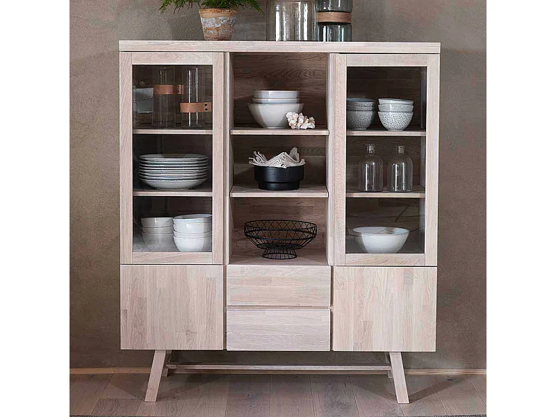 Highboard aus Eiche White Wash massiv Glas