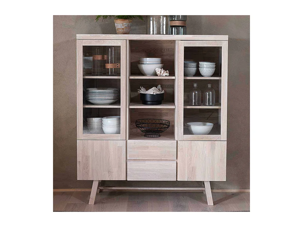 Highboard aus Eiche White Wash massiv Glas