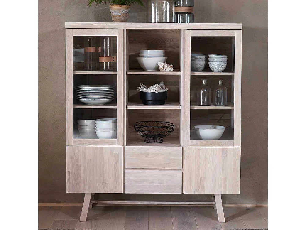 Highboard aus Eiche White Wash massiv Glas