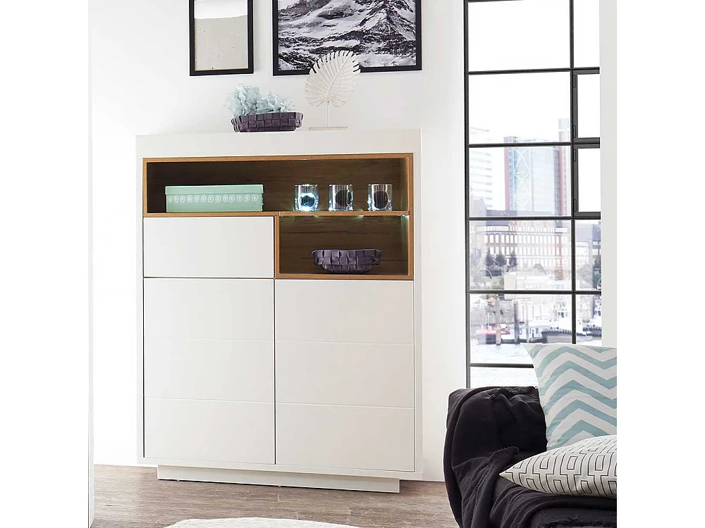 Wohnzimmer Highboard in Weiß und Eiche Dekor Skandi Design