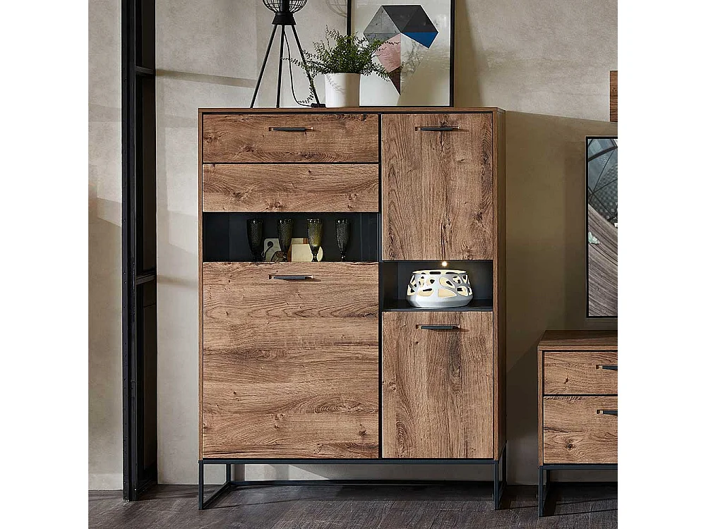 Wohnzimmer Highboard in Eiche dunkel Optik 110 cm breit
