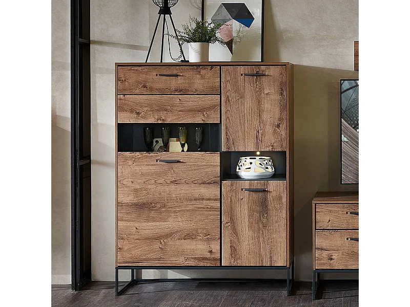 Wohnzimmer Highboard in Eiche dunkel Optik 110 cm breit