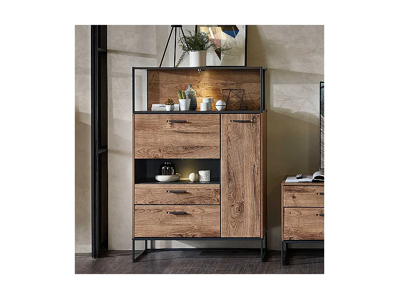 Loft Design Highboard in Eiche dunkel Optik und Dunkelgrau Klappe