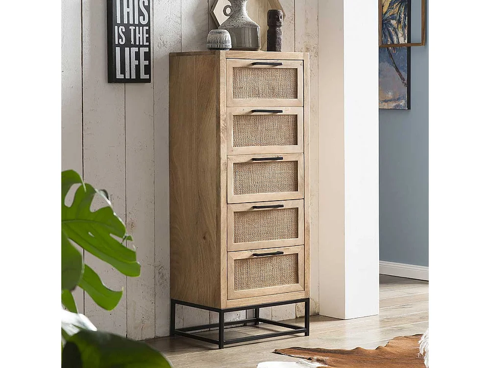 Vollholzkommode aus Mangobaum Massivholz Rattan