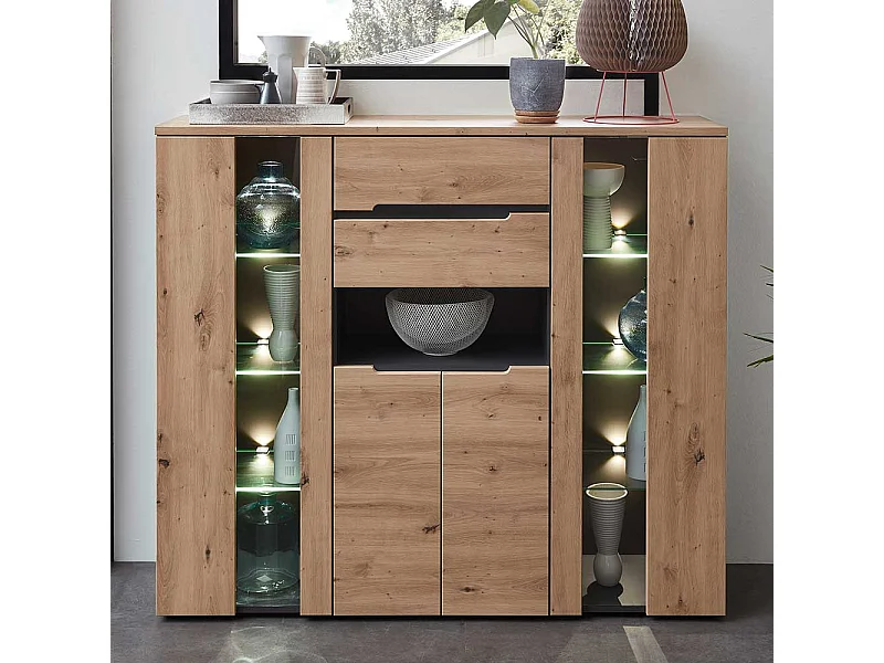 Highboard mit Glastüren in Wildeichefarben Dunkelgrau