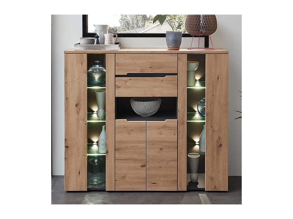 Highboard mit Glastüren in Wildeichefarben Dunkelgrau