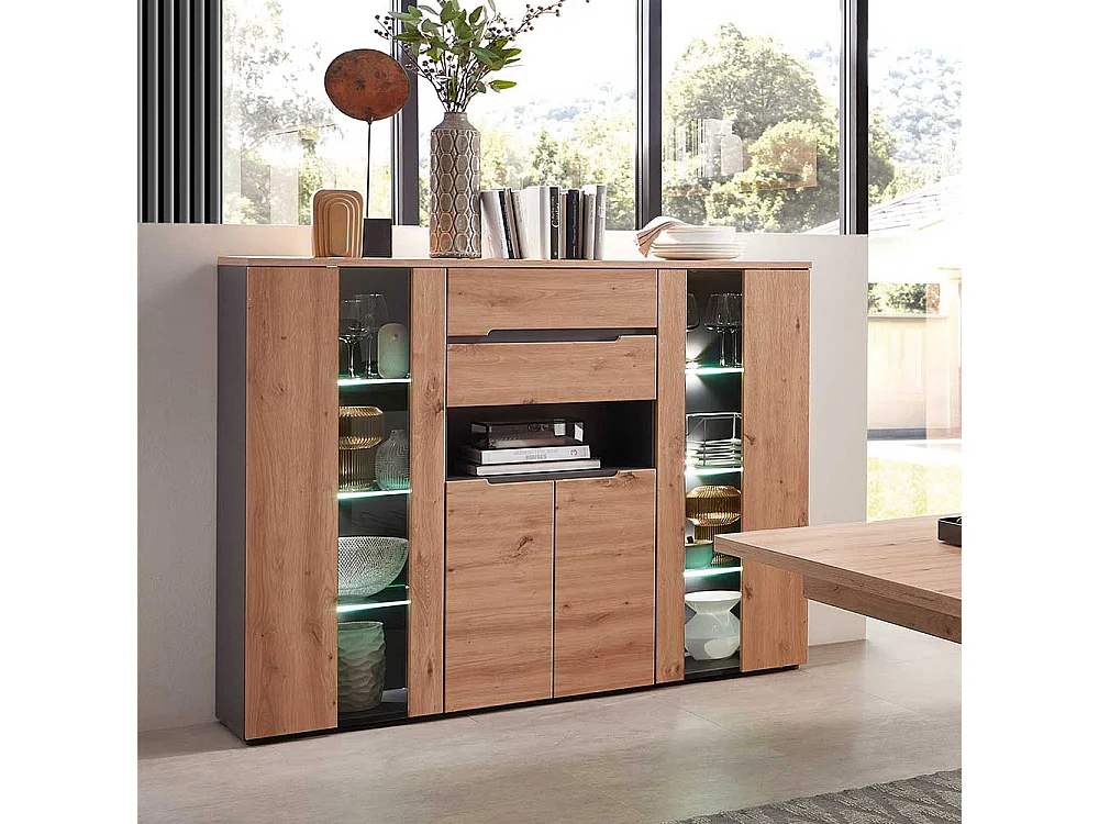 Highboard mit Glastüren in Wildeichefarben Dunkelgrau