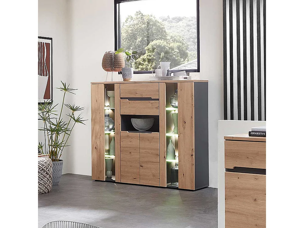 Highboard mit Glastüren in Wildeichefarben Dunkelgrau