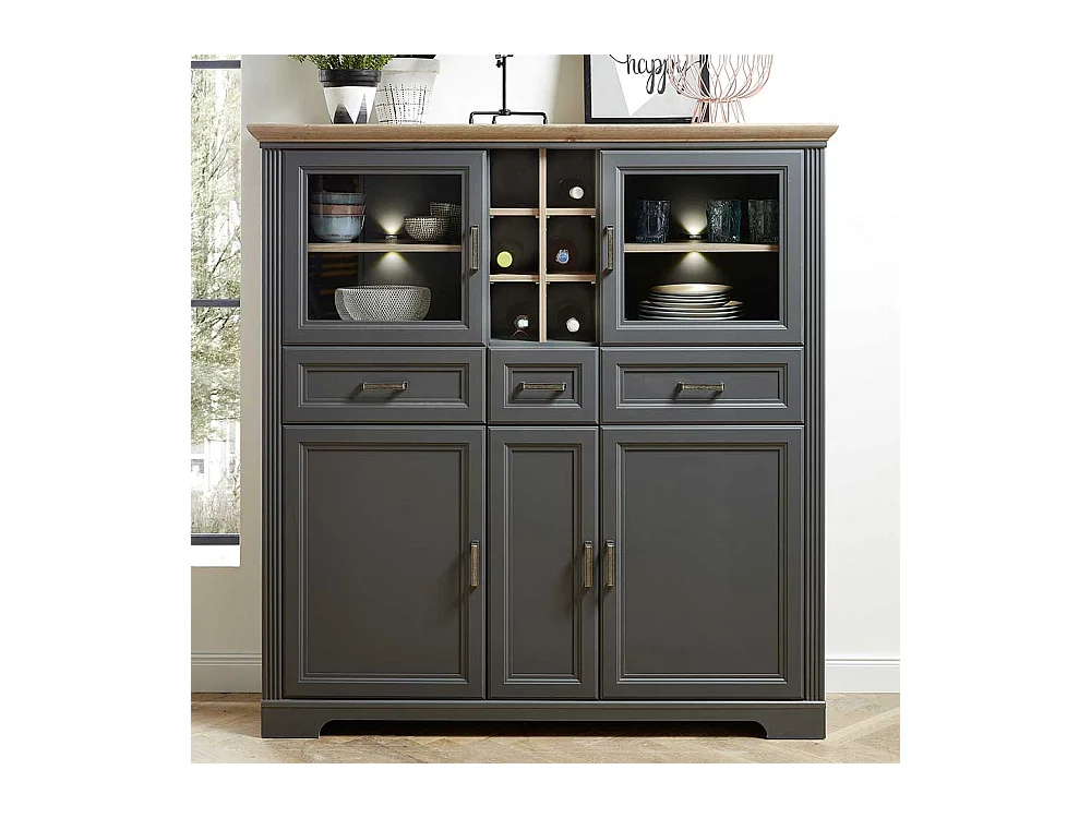 Landhaus Highboard in Dunkelgrau und Eichefarben LED Beleuchtung