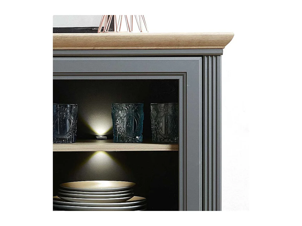 Landhaus Highboard in Dunkelgrau und Eichefarben LED Beleuchtung