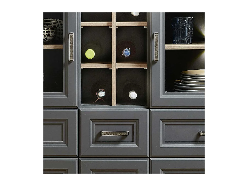 Landhaus Highboard in Dunkelgrau und Eichefarben LED Beleuchtung