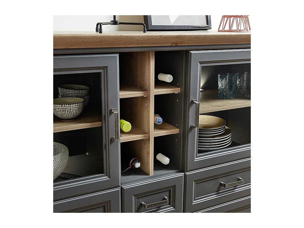 Landhaus Highboard in Dunkelgrau und Eichefarben LED Beleuchtung