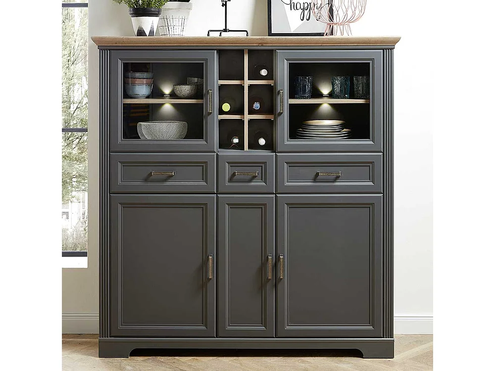 Landhaus Highboard in Dunkelgrau und Eichefarben LED Beleuchtung