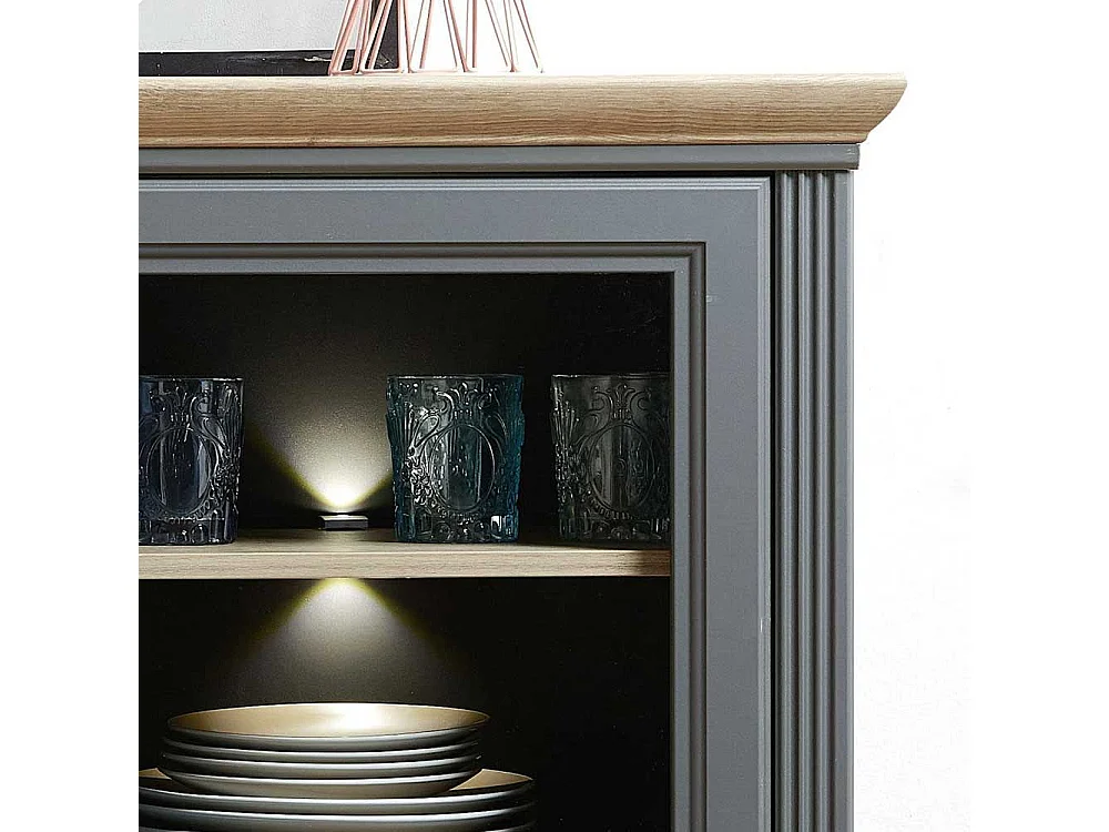 Landhaus Highboard in Dunkelgrau und Eichefarben LED Beleuchtung