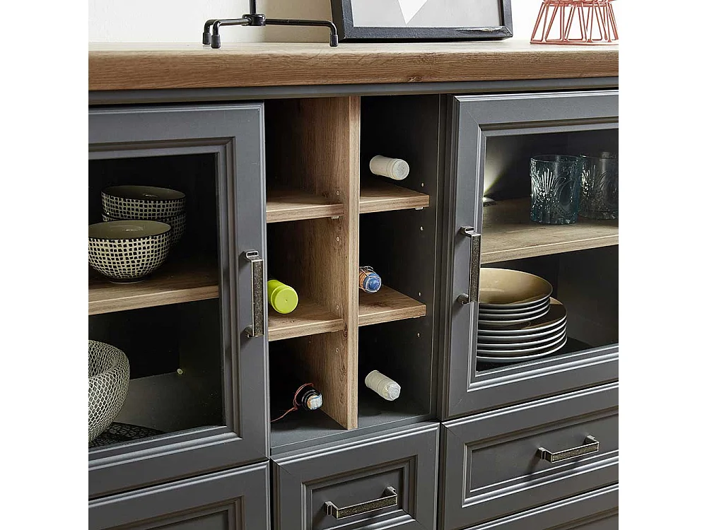 Landhaus Highboard in Dunkelgrau und Eichefarben LED Beleuchtung