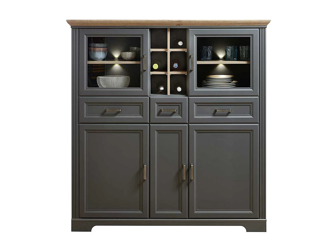 Landhaus Highboard in Dunkelgrau und Eichefarben LED Beleuchtung