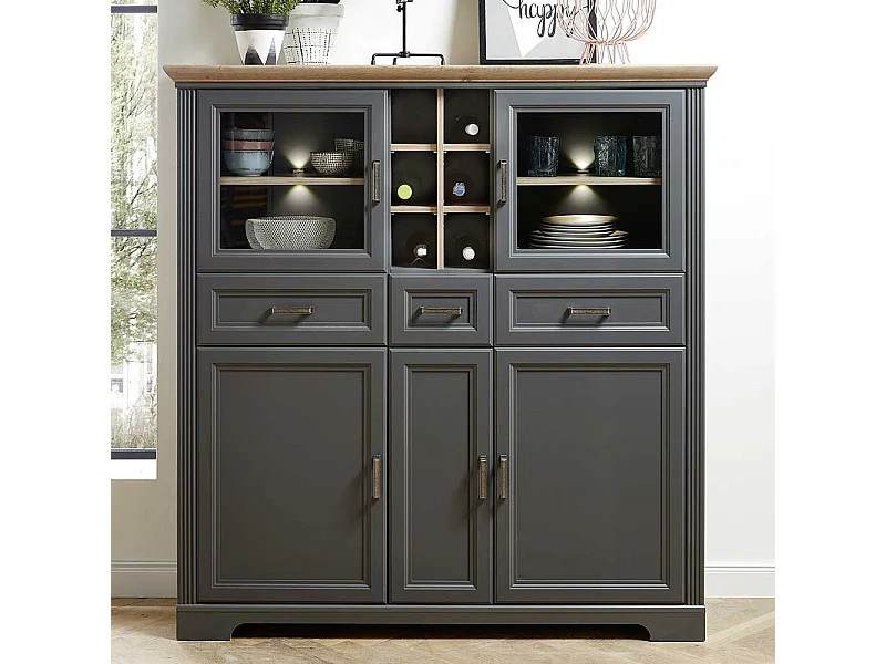 Landhaus Highboard in Dunkelgrau und Eichefarben LED Beleuchtung