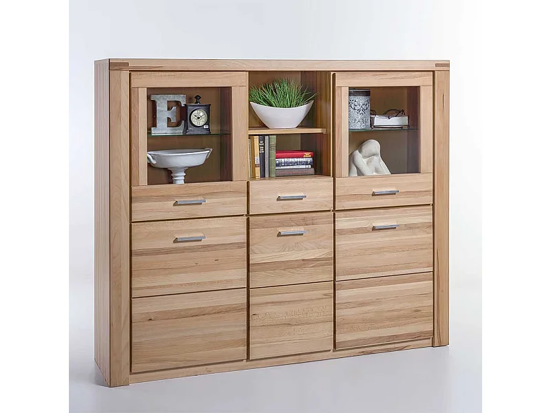 Esszimmer Highboard aus Kernbuche teilmassiv und Glas 140 cm hoch