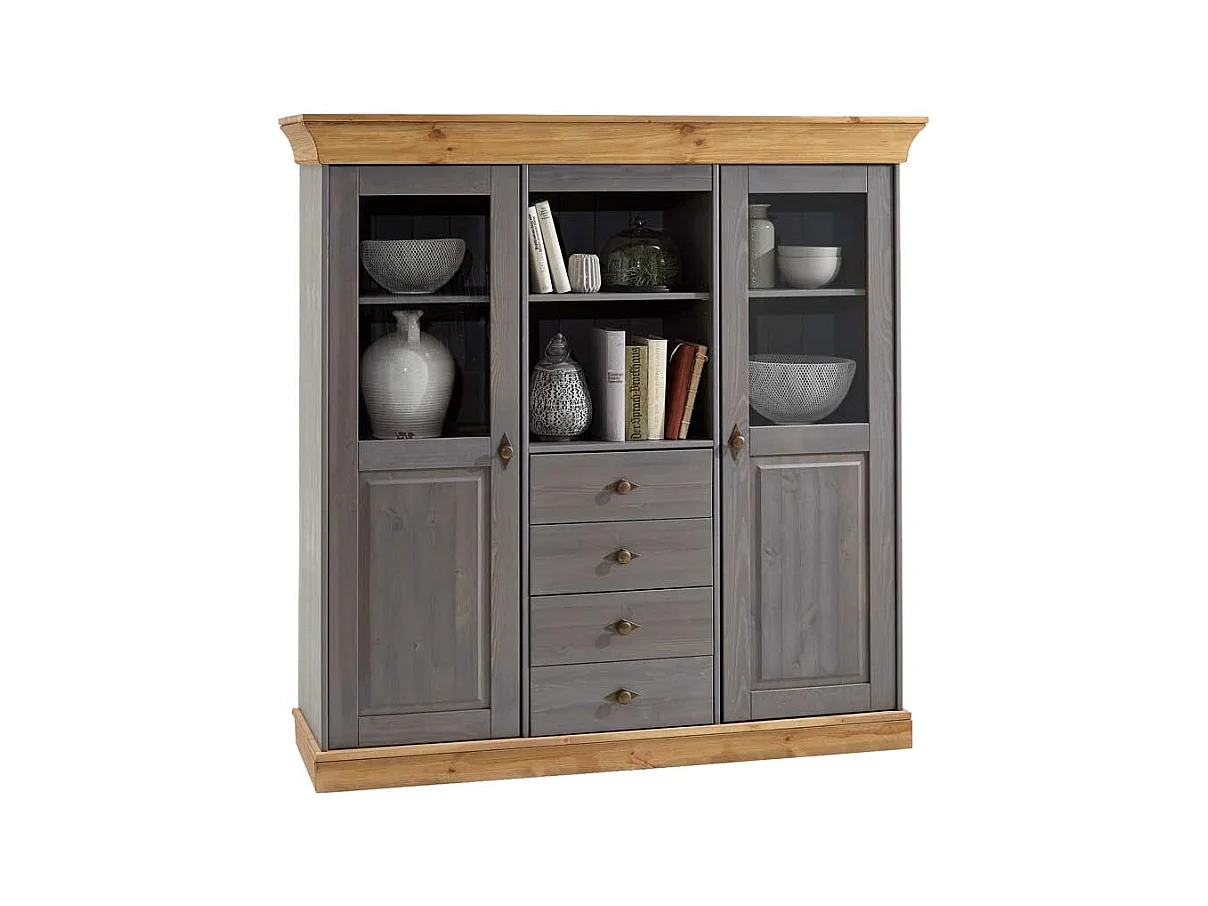 Wohnzimmer Highboard in Grau Kiefer teilmassiv Landhaus