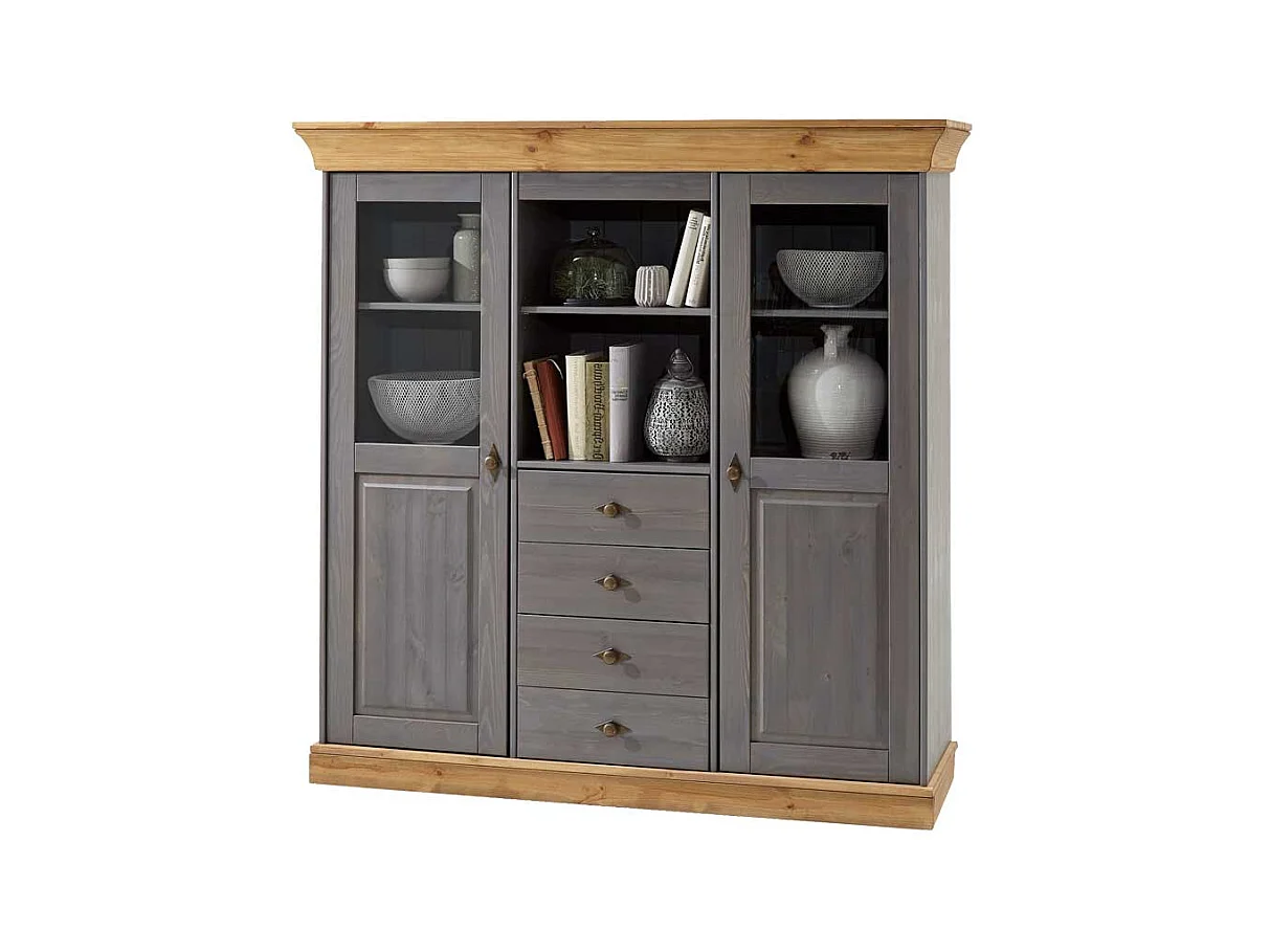 Wohnzimmer Highboard in Grau Kiefer teilmassiv Landhaus