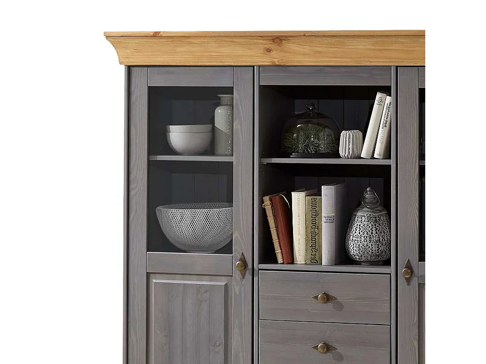 Wohnzimmer Highboard in Grau Kiefer teilmassiv Landhaus
