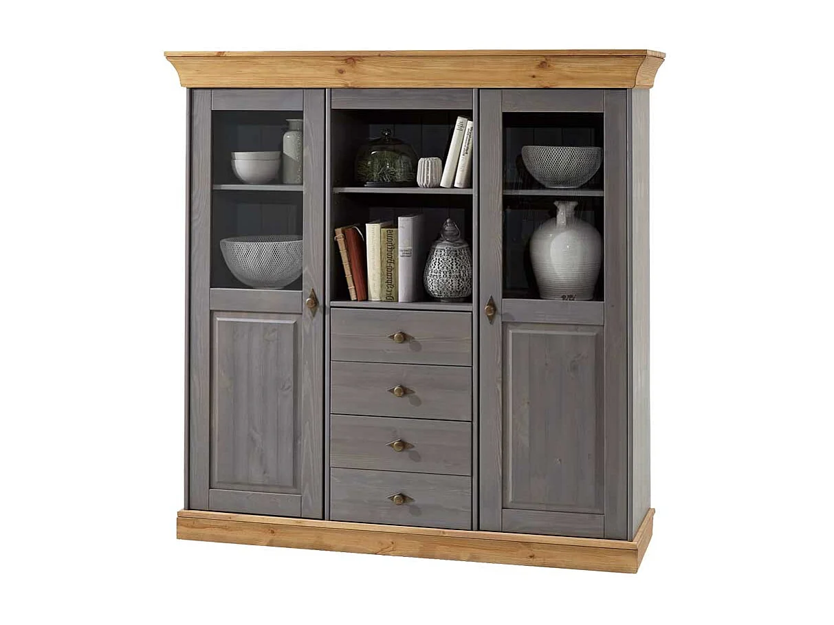 Wohnzimmer Highboard in Grau Kiefer teilmassiv Landhaus