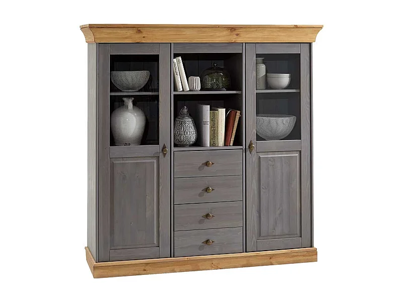 Wohnzimmer Highboard in Grau Kiefer teilmassiv Landhaus