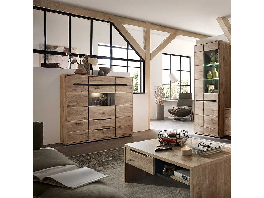 Esszimmer Highboard Holzoptik in Wildeichefarben LED Beleuchtung