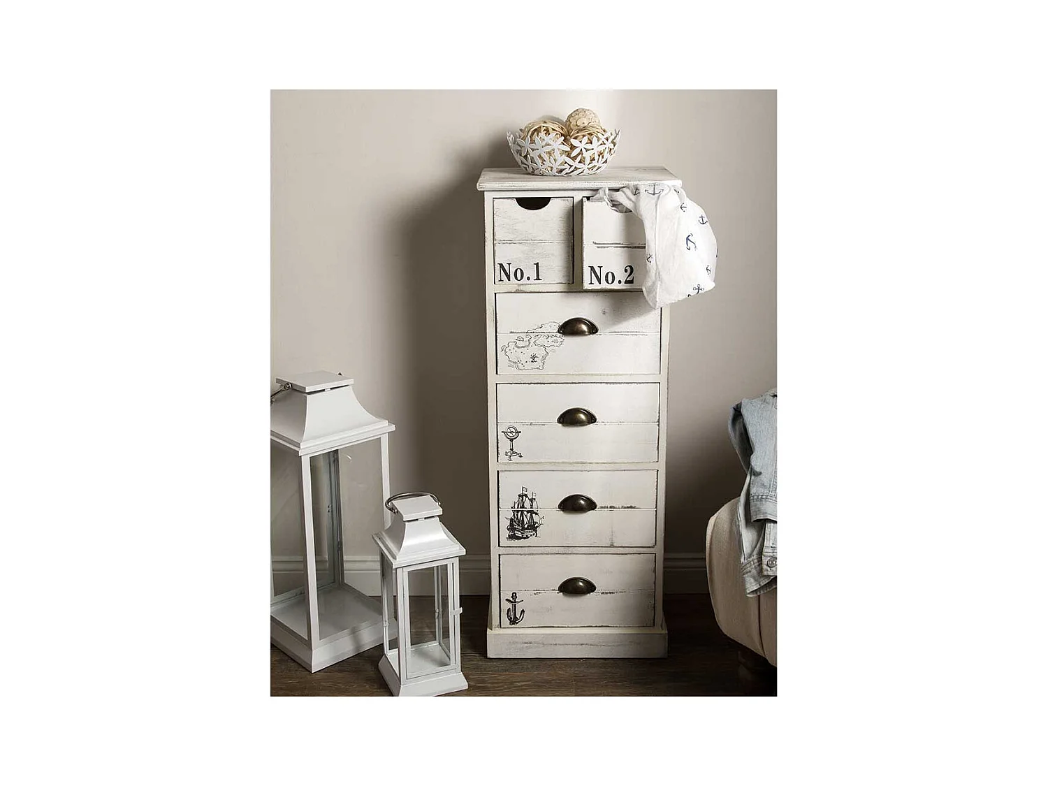Holzkommode maritim in Antikweiß sechs Schubladen