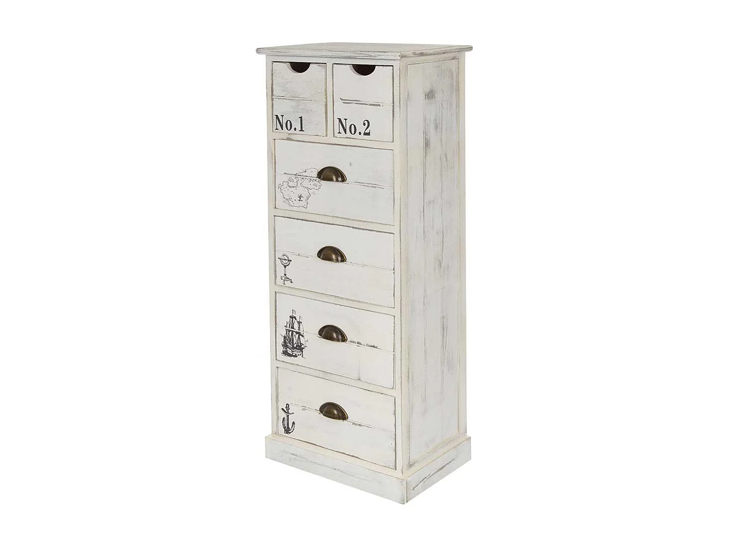 Holzkommode maritim in Antikweiß sechs Schubladen