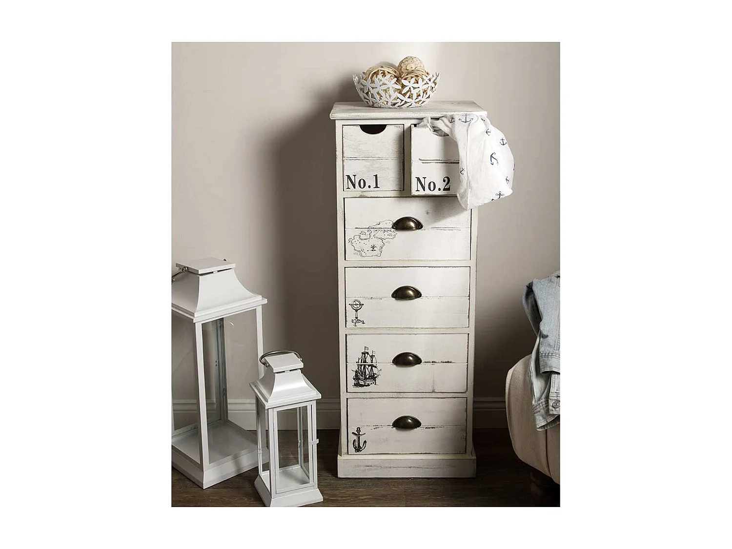 Holzkommode maritim in Antikweiß sechs Schubladen