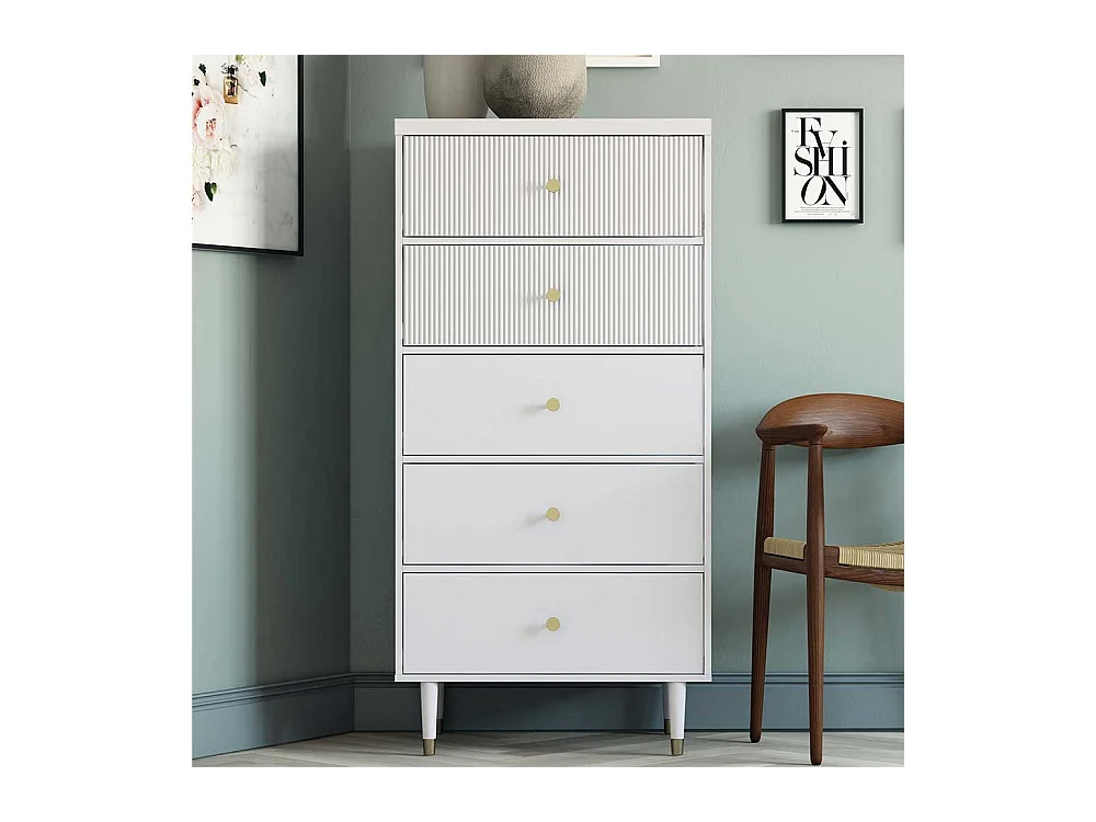 Hohe Schubladenkommode in Hellgrau und Goldfarben 70 cm breit