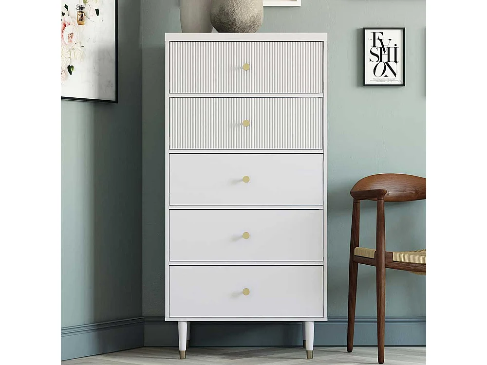 Hohe Schubladenkommode in Hellgrau und Goldfarben 70 cm breit