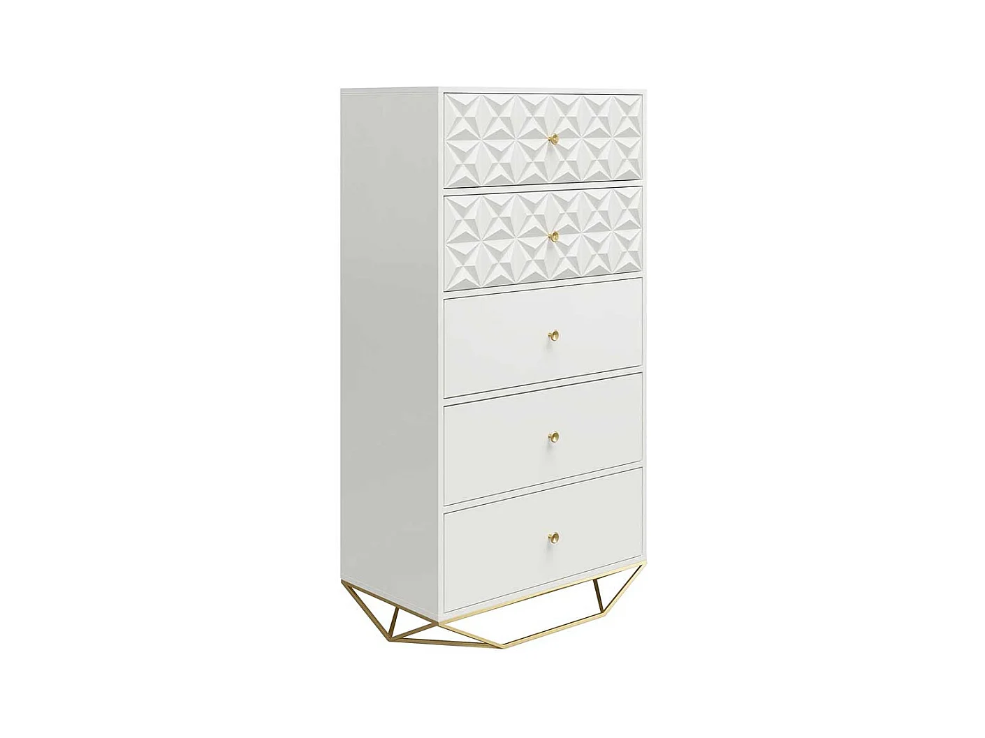 Weiße Hochkommode mit fünf Schubladen Bügelgestell aus Metall