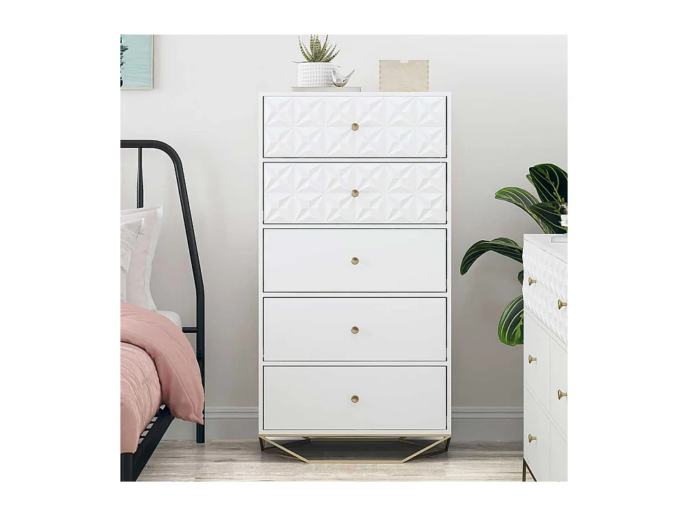 Weiße Hochkommode mit fünf Schubladen Bügelgestell aus Metall
